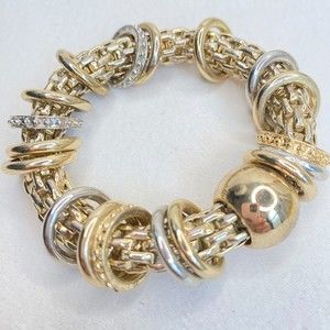 💎Bracelet Stretchy Gold Tone Links Surrounded By Gold Silver Tone Rings & Ball
